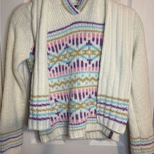 Mud Pie Cream V-Neck Sweater with Colorful Patterns and Scarf